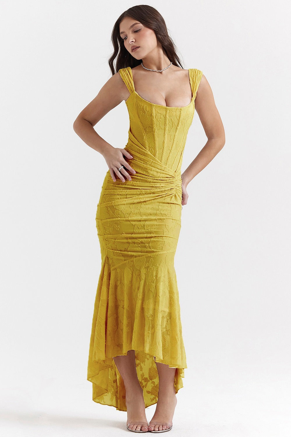 Jacquard Square Neck Corset Ruched Mermaid Gown - View 7