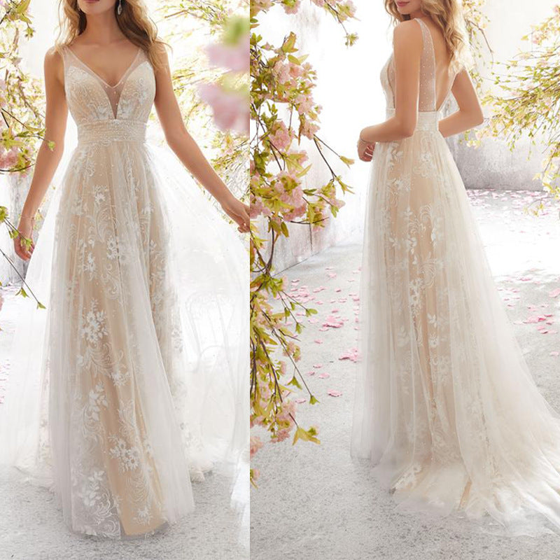 Lace Floral Deep V-Neck Sleeveless Beaded Waist Cape Train Gown - View 5