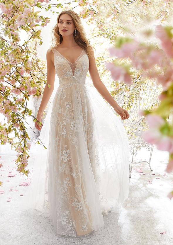Lace Floral Deep V-Neck Sleeveless Beaded Waist Cape Train Gown