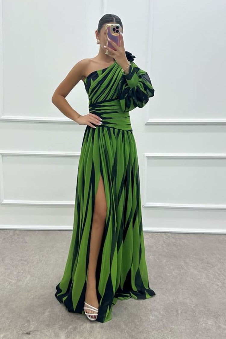 One Shoulder Puff Sleeve Ruched Waist Pleated High Split Maxi Gown - View 9