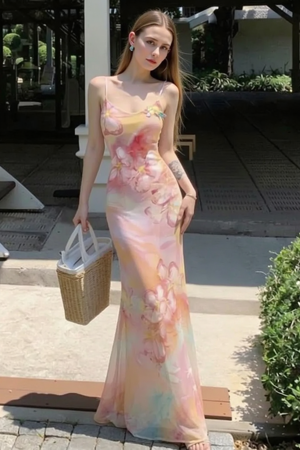 Watercolor Floral Scoop Neck Spaghetti Strap Satin Slip Maxi Dress
