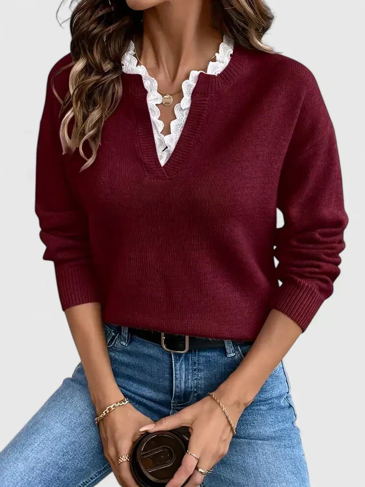 Lace Trim V-Neck Long Sleeve Knit Sweater 4