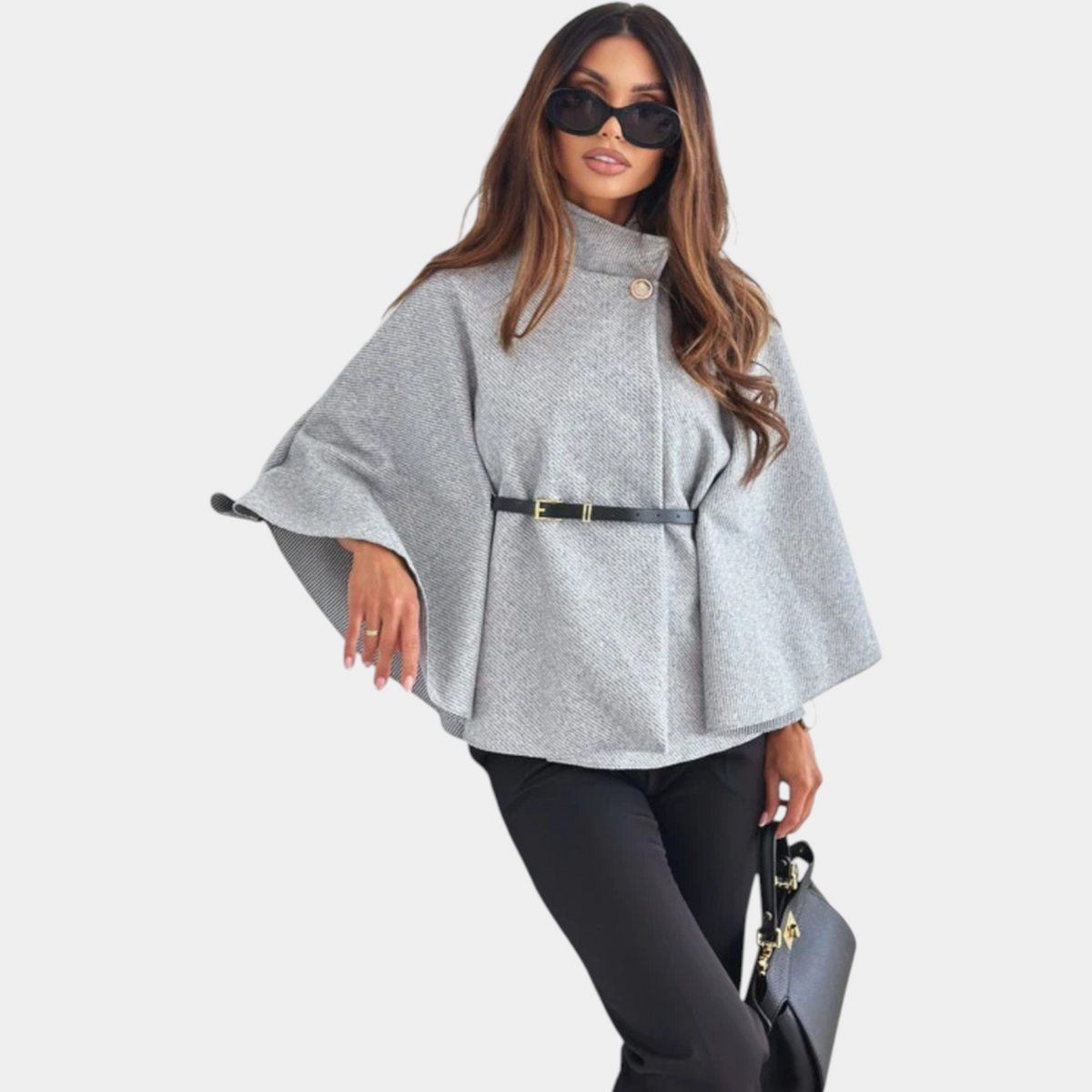 Cape Sleeve High Neck Belted Poncho Cape 2