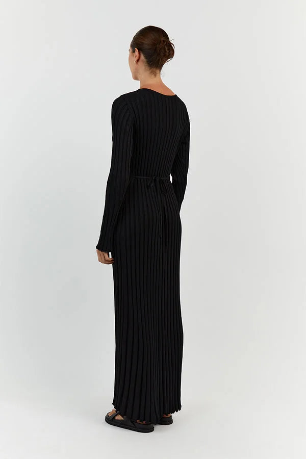 Rib Knit V-Neck Lettuce Hem Long Sleeve Bodycon Maxi Dress - View 9