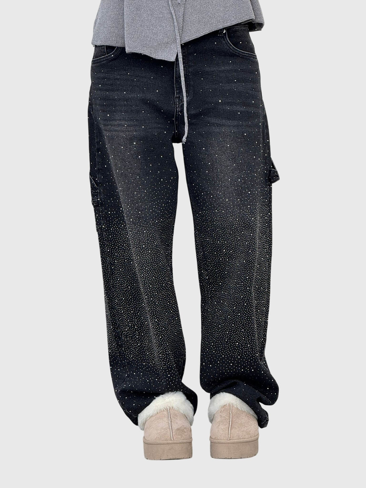 Rhinestone Embellished Wide Leg Cargo Jeans 10