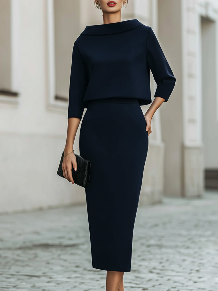 Cowl Neck Top and Straight Midi Skirt Two Piece Set 8
