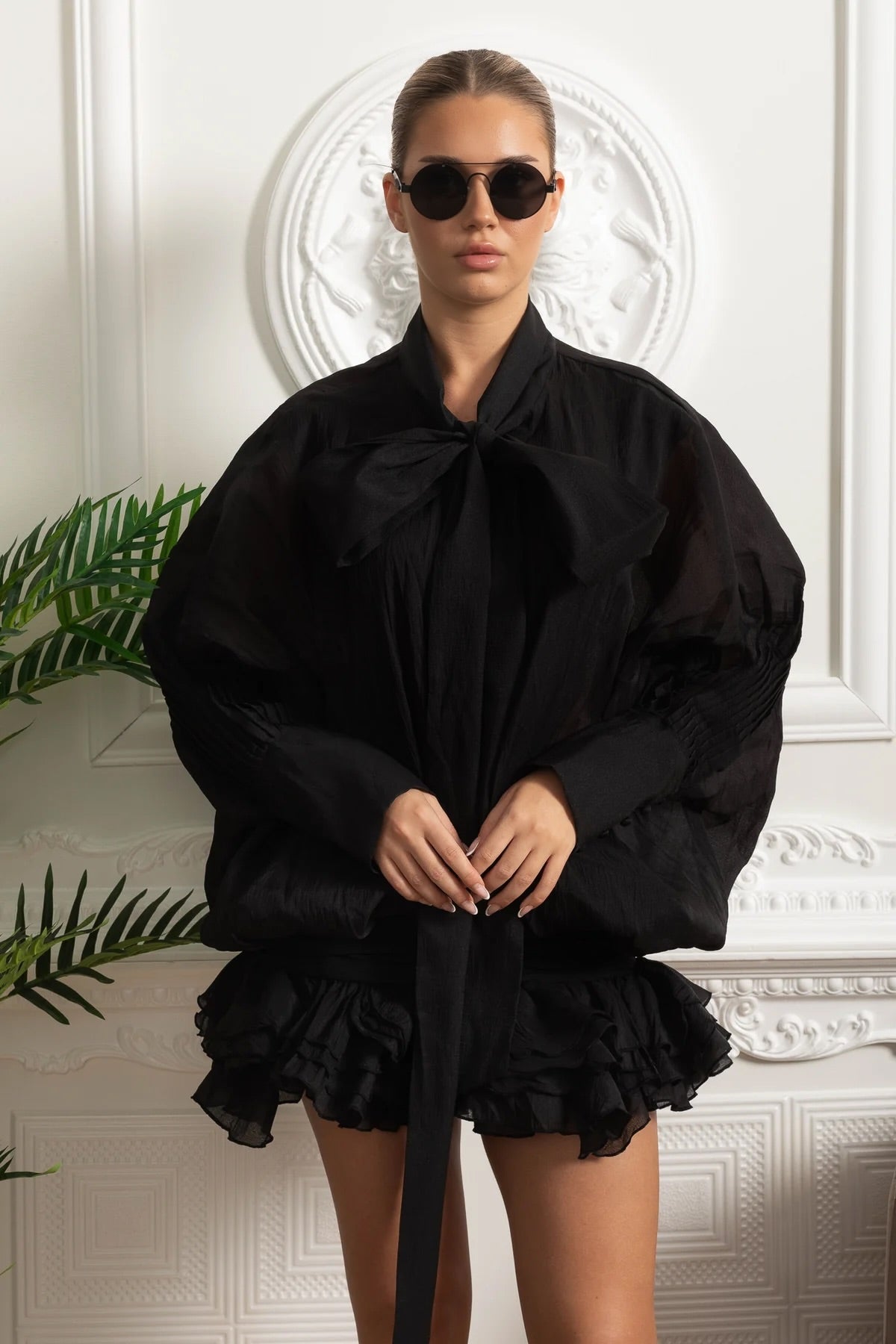 Sheer Bow-Neck Ruffle Mini Dress - Black - View 3