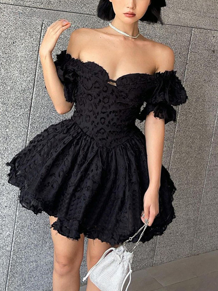 Leopard Off Shoulder Puff Sleeve Corset Ruffle Mini Dress