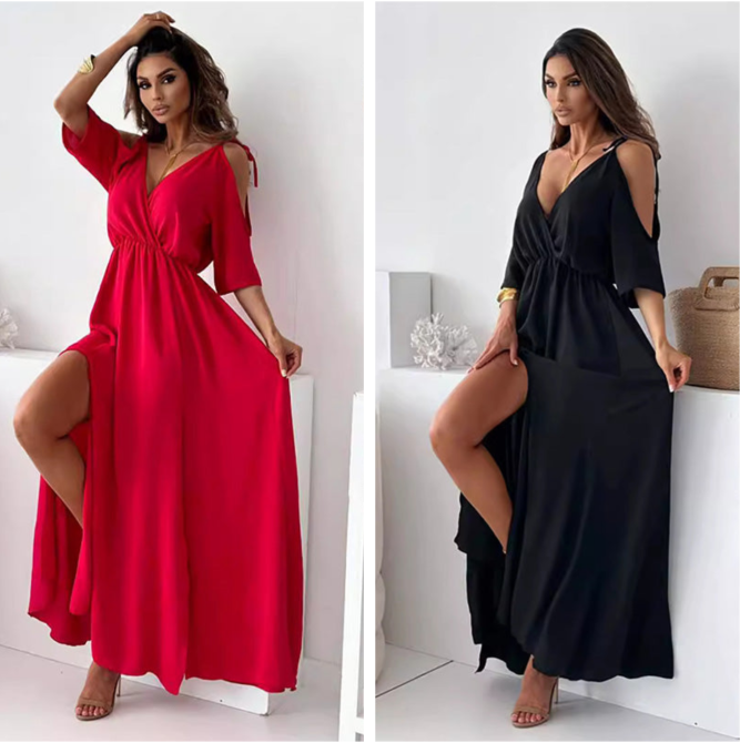 Deep V-Neck Wrap Tie Sleeve High Split Maxi Dress 9