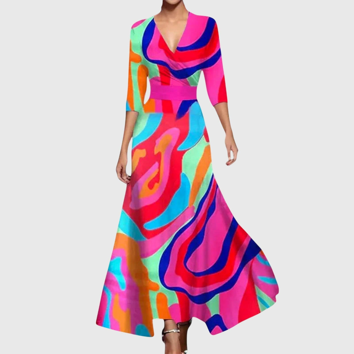 Floral Print Deep V-Neck Three Quarter Sleeve Wrap Maxi Dress 6