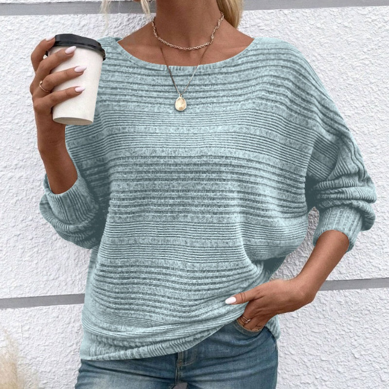 Striped Boat Neck Batwing Long Sleeve Knit Top 10