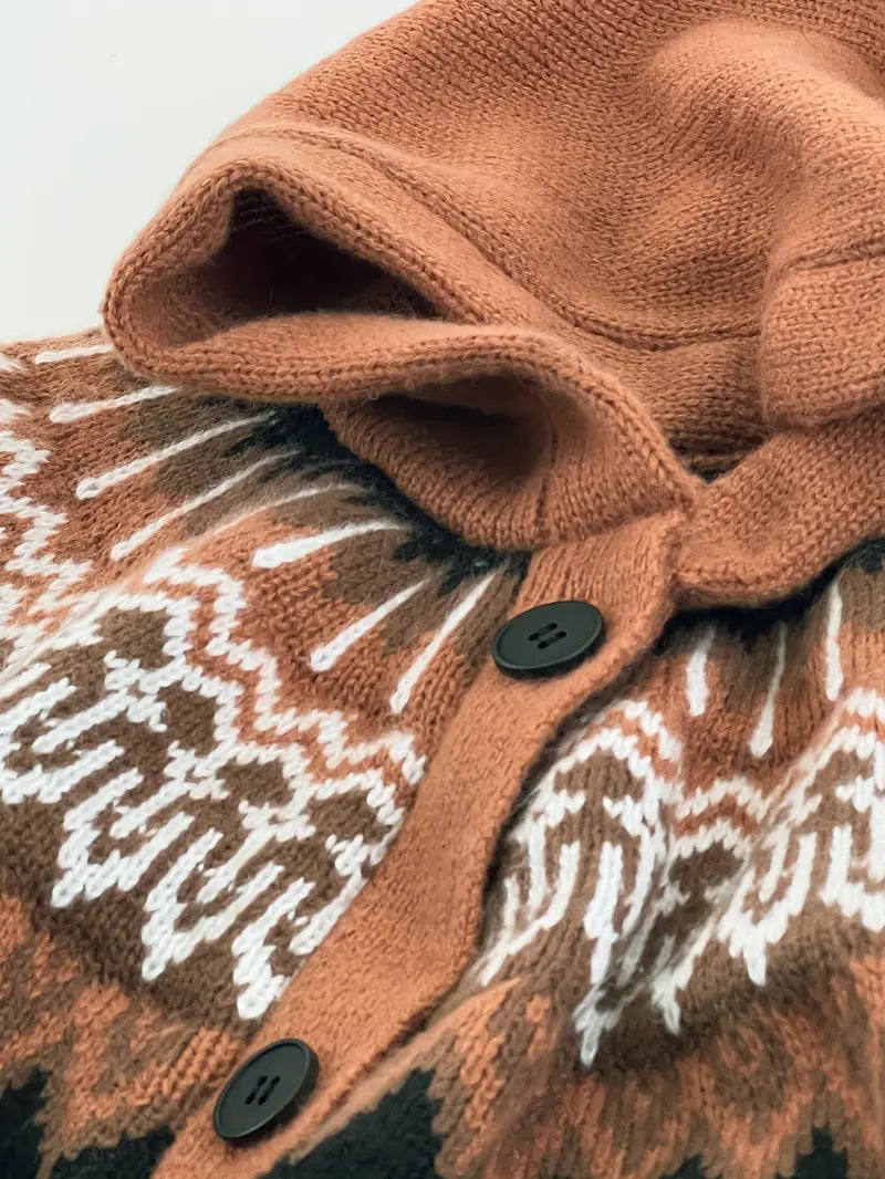Hooded Button Front Fair Isle Knit Longline Cardigan 16