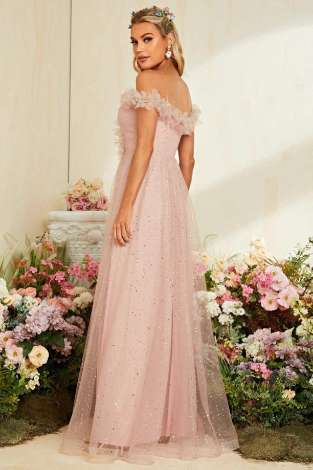 Glitter Tulle Off Shoulder Ruffle High Split A-Line Prom Dress - View 2