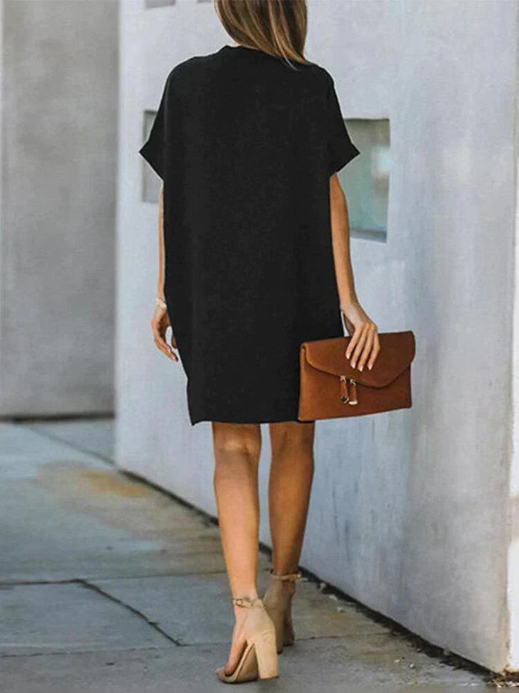 Deep V-Neck Short Sleeve Shift Mini Dress - View 2