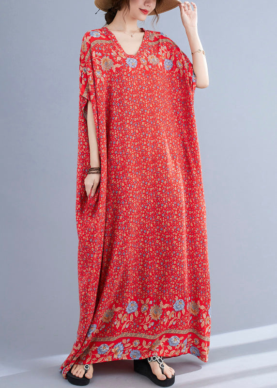 Floral Border Print V-Neck Drop Shoulder Short Sleeve Loose Maxi Dress - View 2