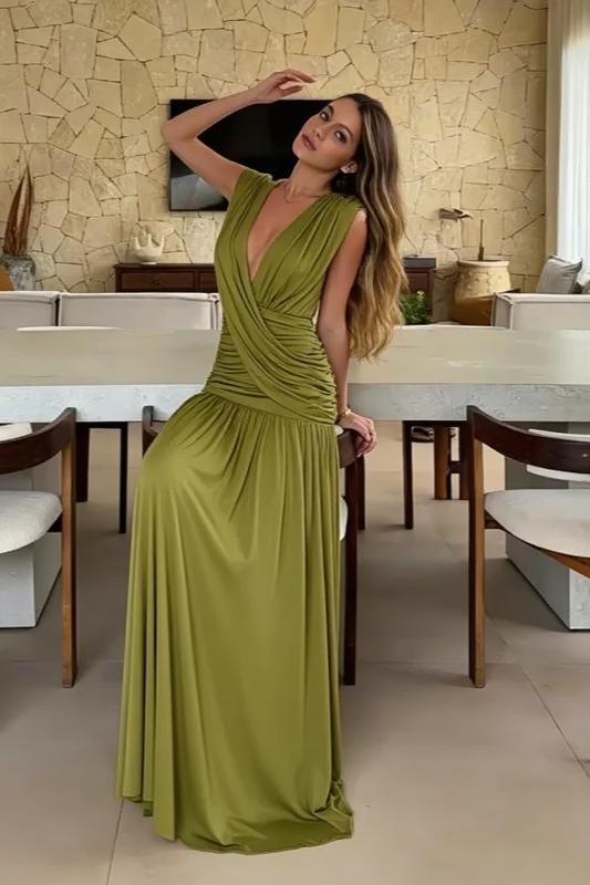 Deep V-Neck Sleeveless Ruched Wrap Front Maxi Dress 2