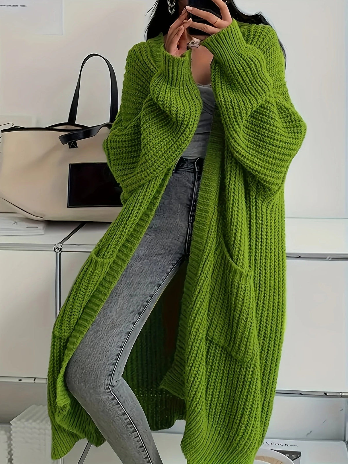 Waffle Knit Longline Open Front Cardigan 3
