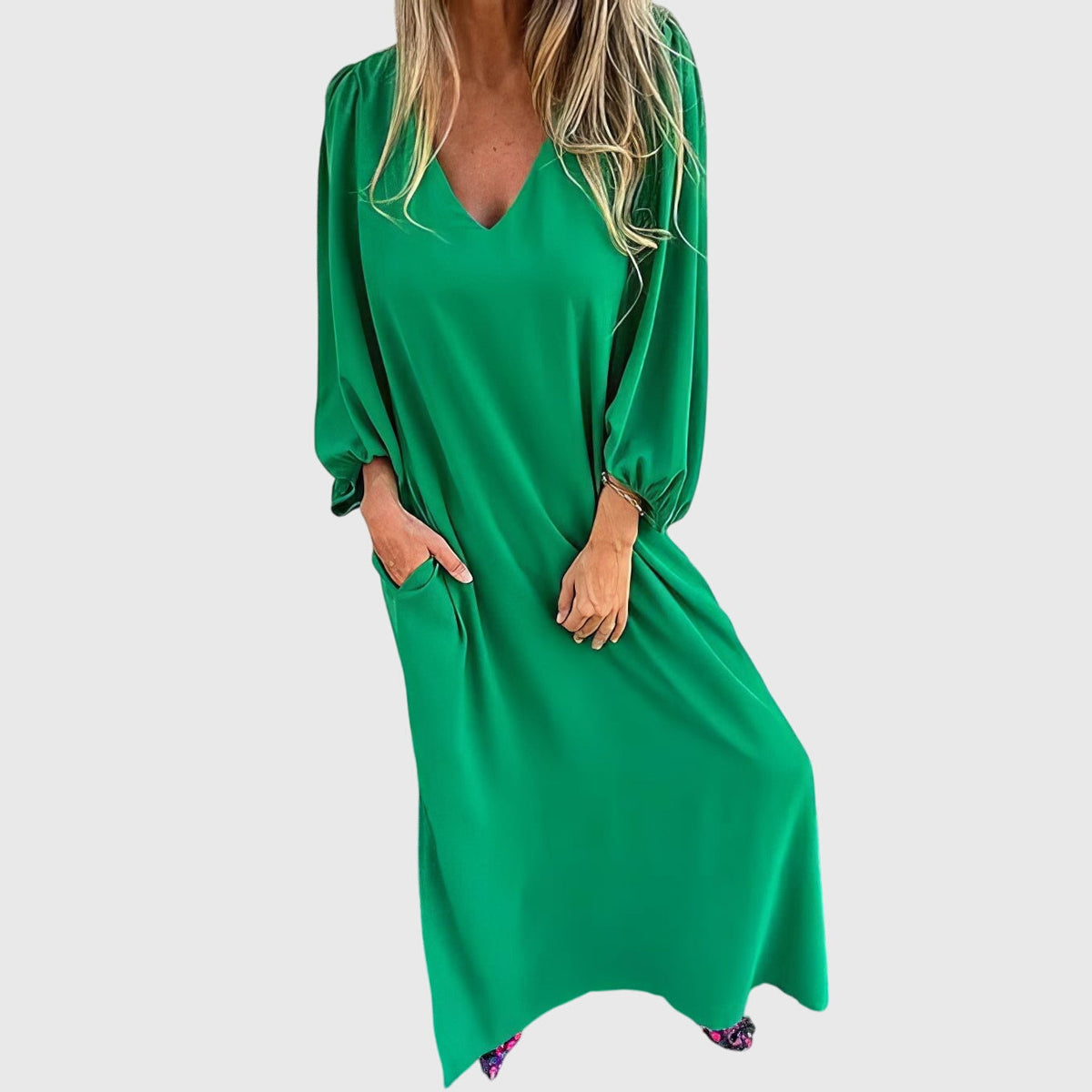 Satin V-Neck Lantern Sleeve Side Split Maxi Dress 4