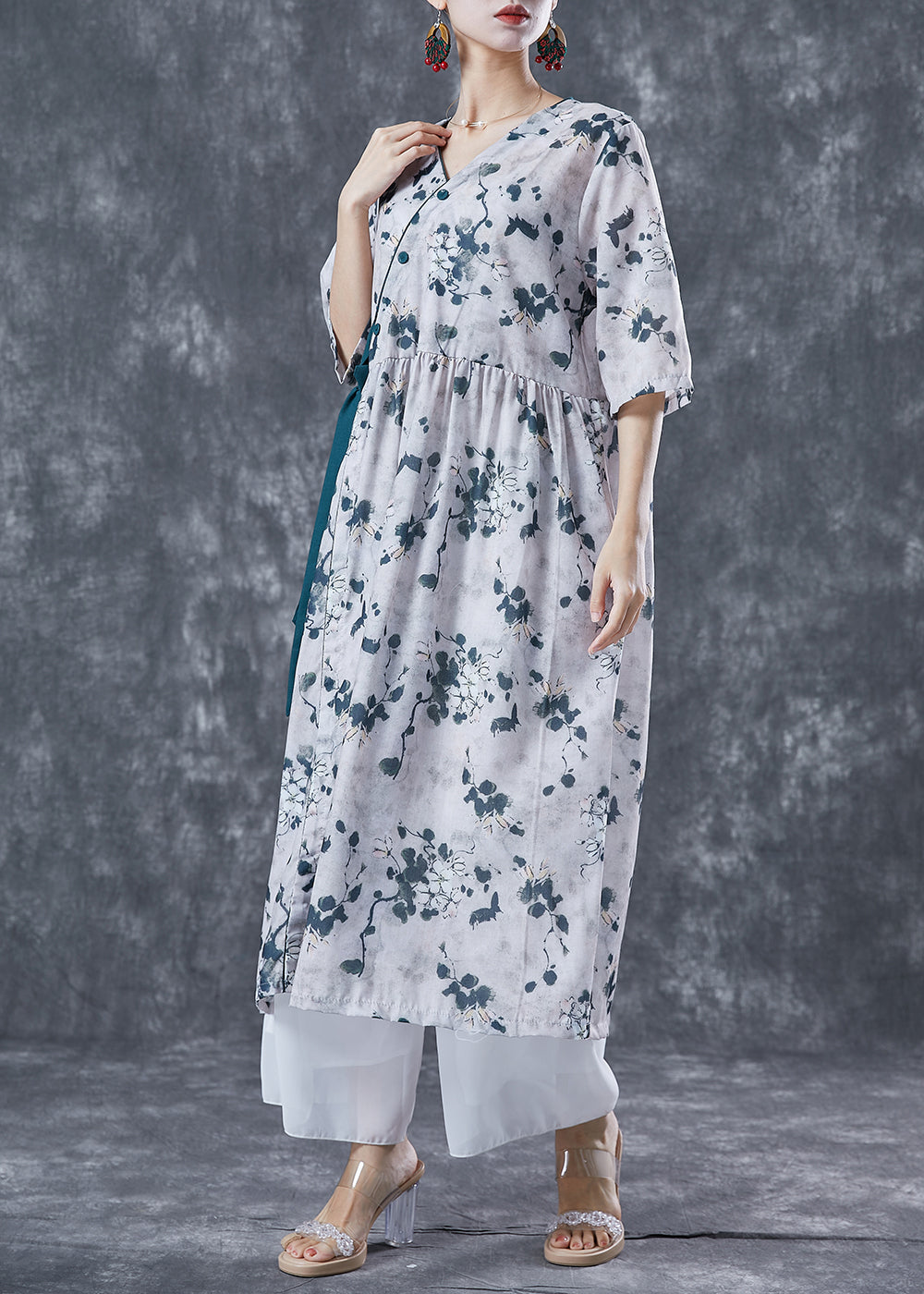 Floral Print V-Neck Wrap Side Tie Three Quarter Sleeve Midi Dress - View 3