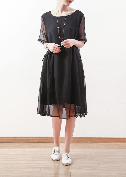 Sheer Overlay Crew Neck Short Sleeve Tie Waist Shift Midi Dress