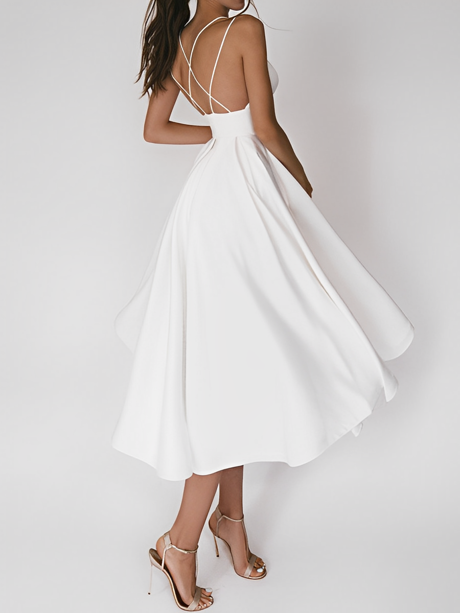 Cross Back Spaghetti Strap Open Back Fit and Flare A-Line Midi Dress - View 6