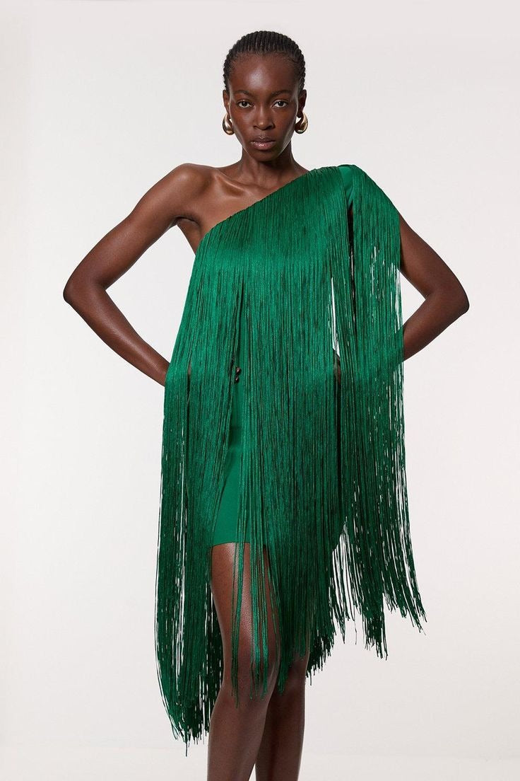 One Shoulder Fringe Overlay Bodycon Mini Cocktail Dress - View 5