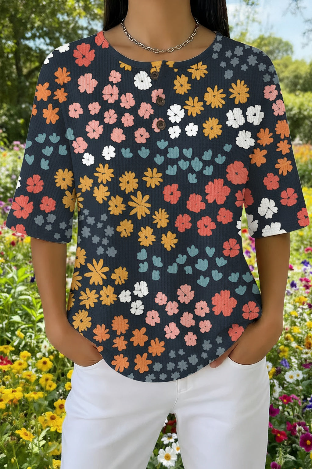 Ditsy Floral Print Round Neck Henley Top