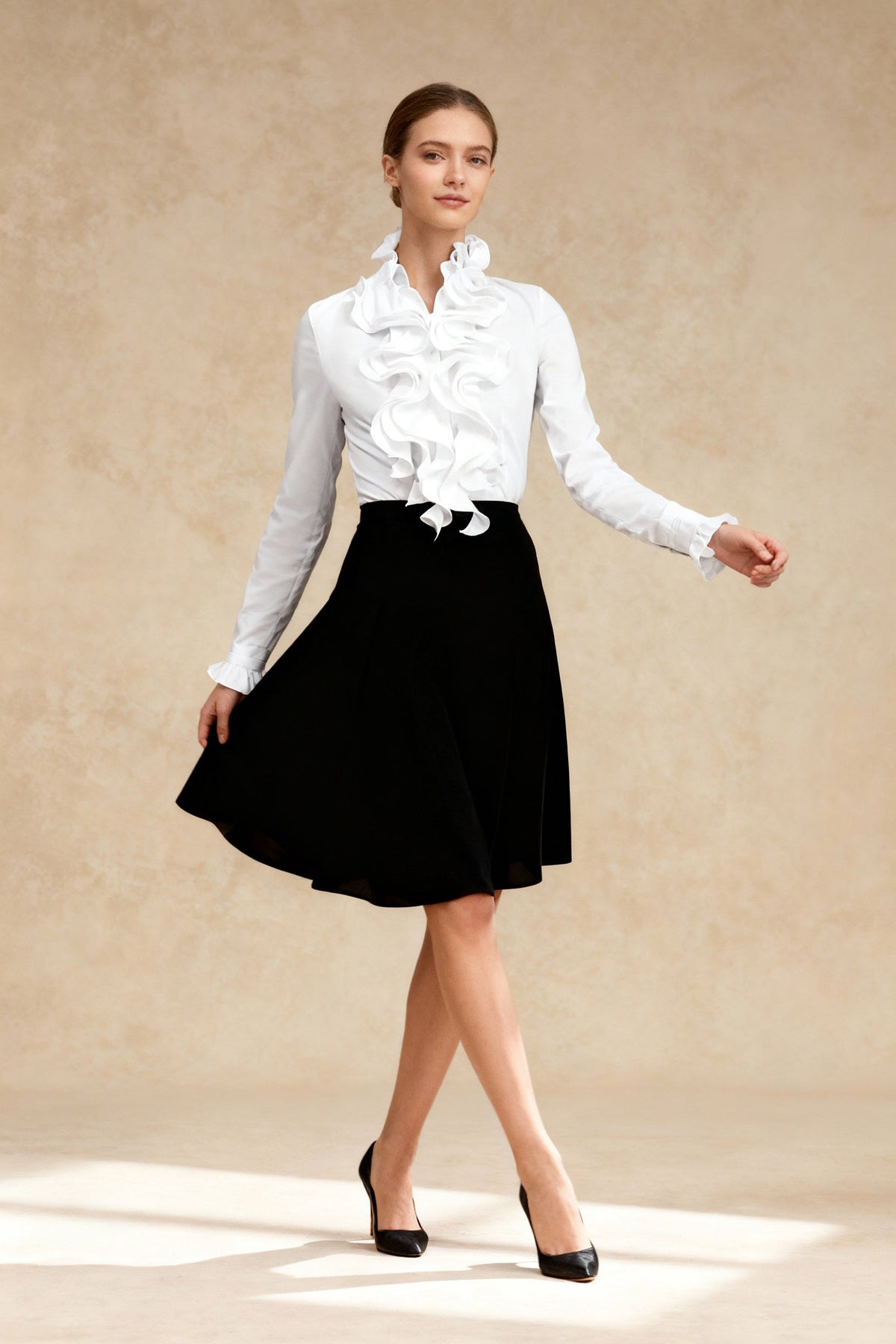 Ruffle Front High Neck Long Sleeve Blouse