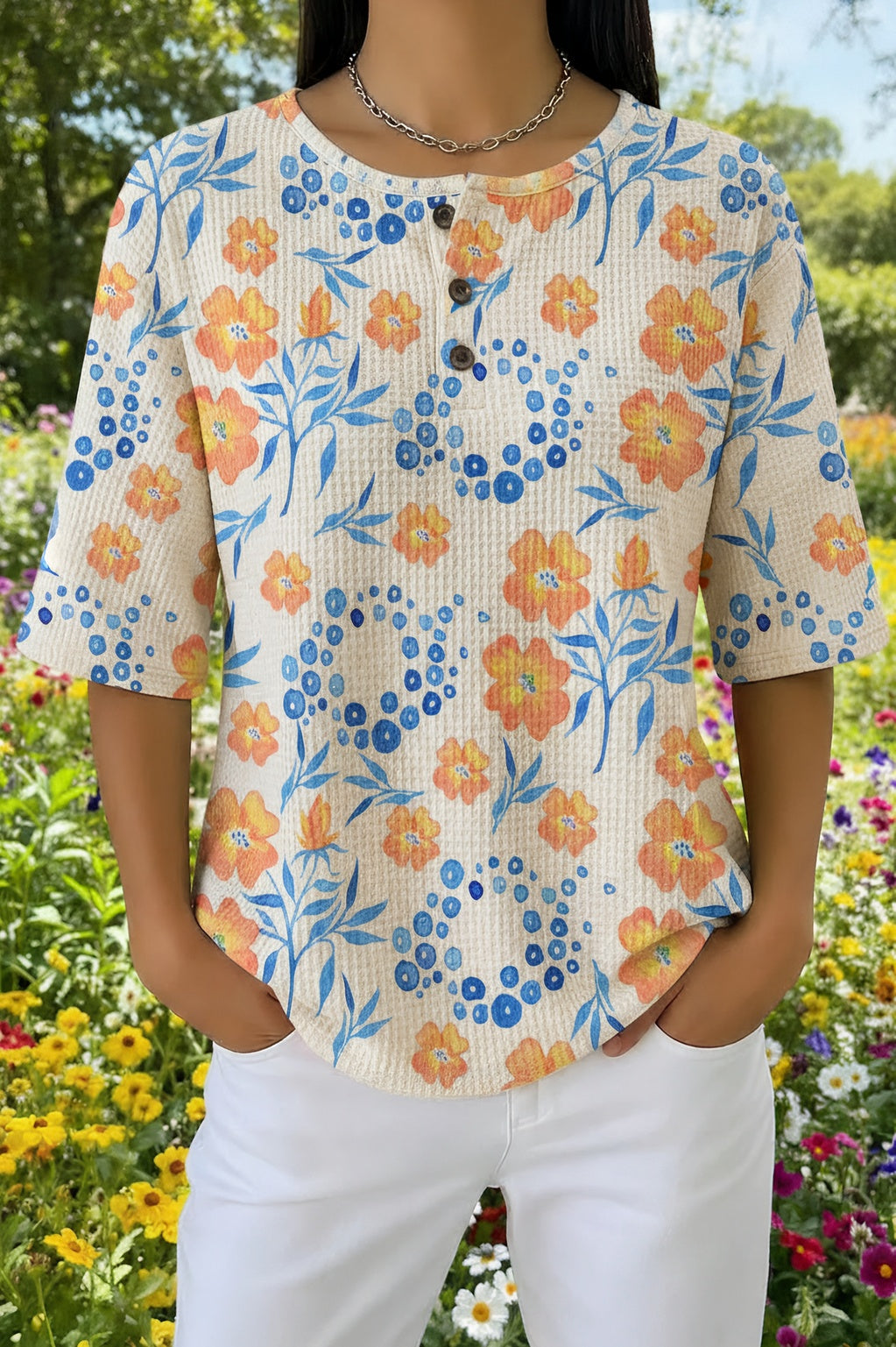 Waffle Knit Daisy Floral Henley Short Sleeve Top