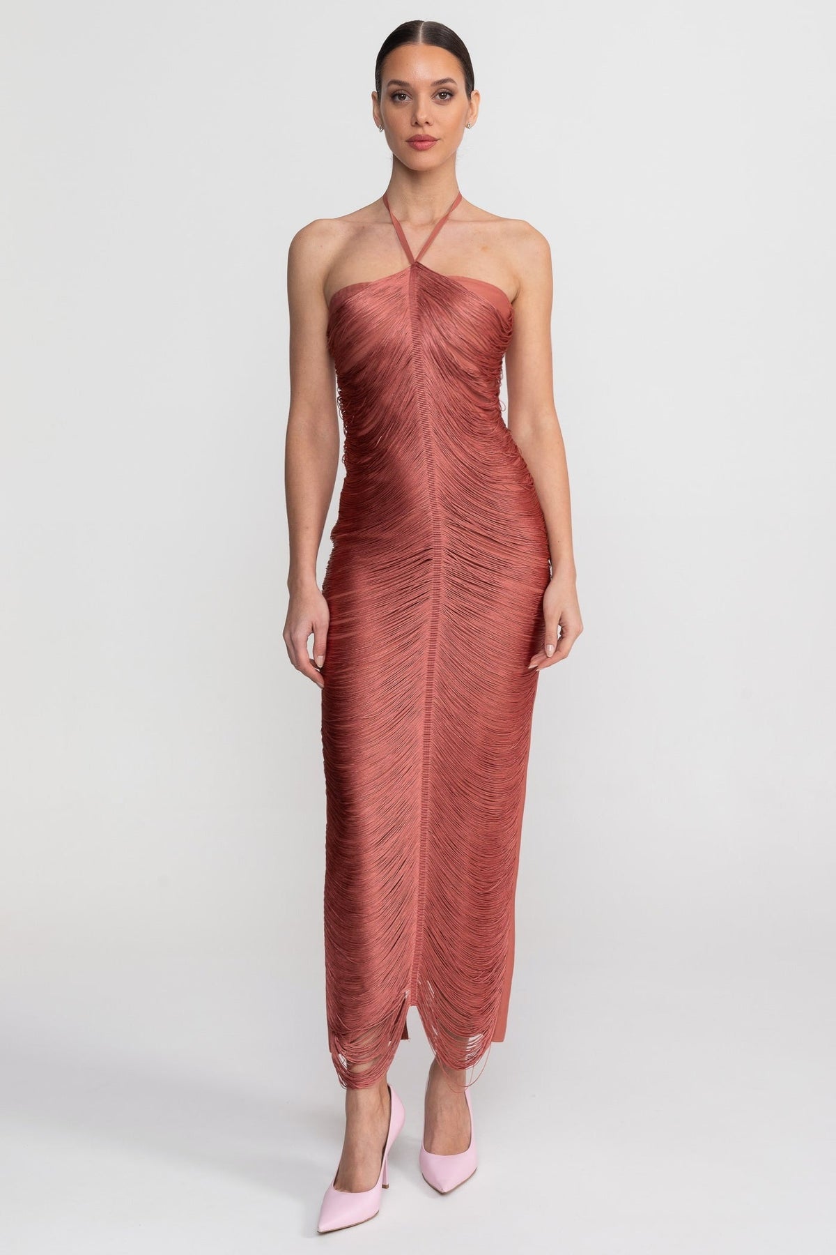 Halter Neck Midi Dress With All-Over Pleated Texture - Light Brown