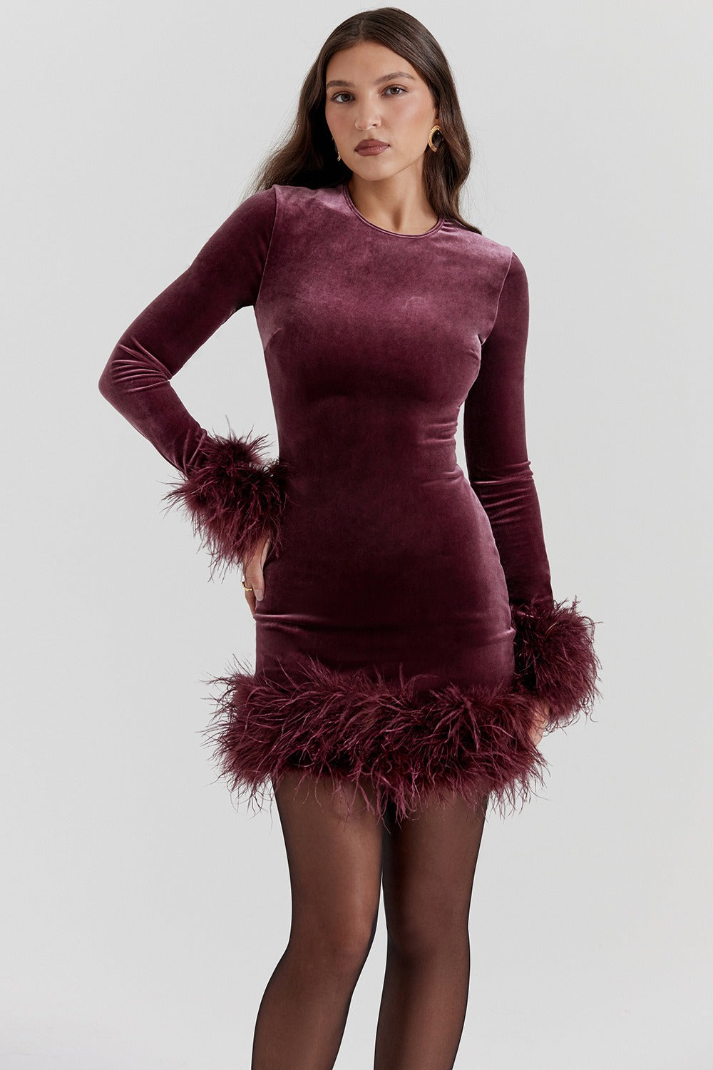 Velvet Long Sleeve Feather Cuff Hem Bodycon Cocktail Mini Dress - View 5