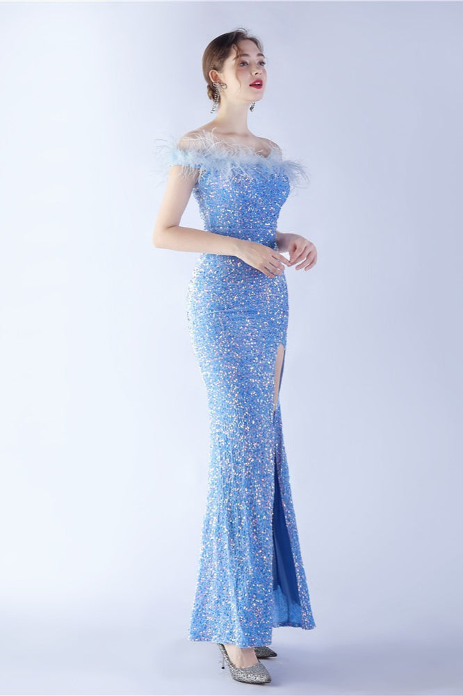 Sequin Off Shoulder Feather Trim High Split Mermaid Gown 27
