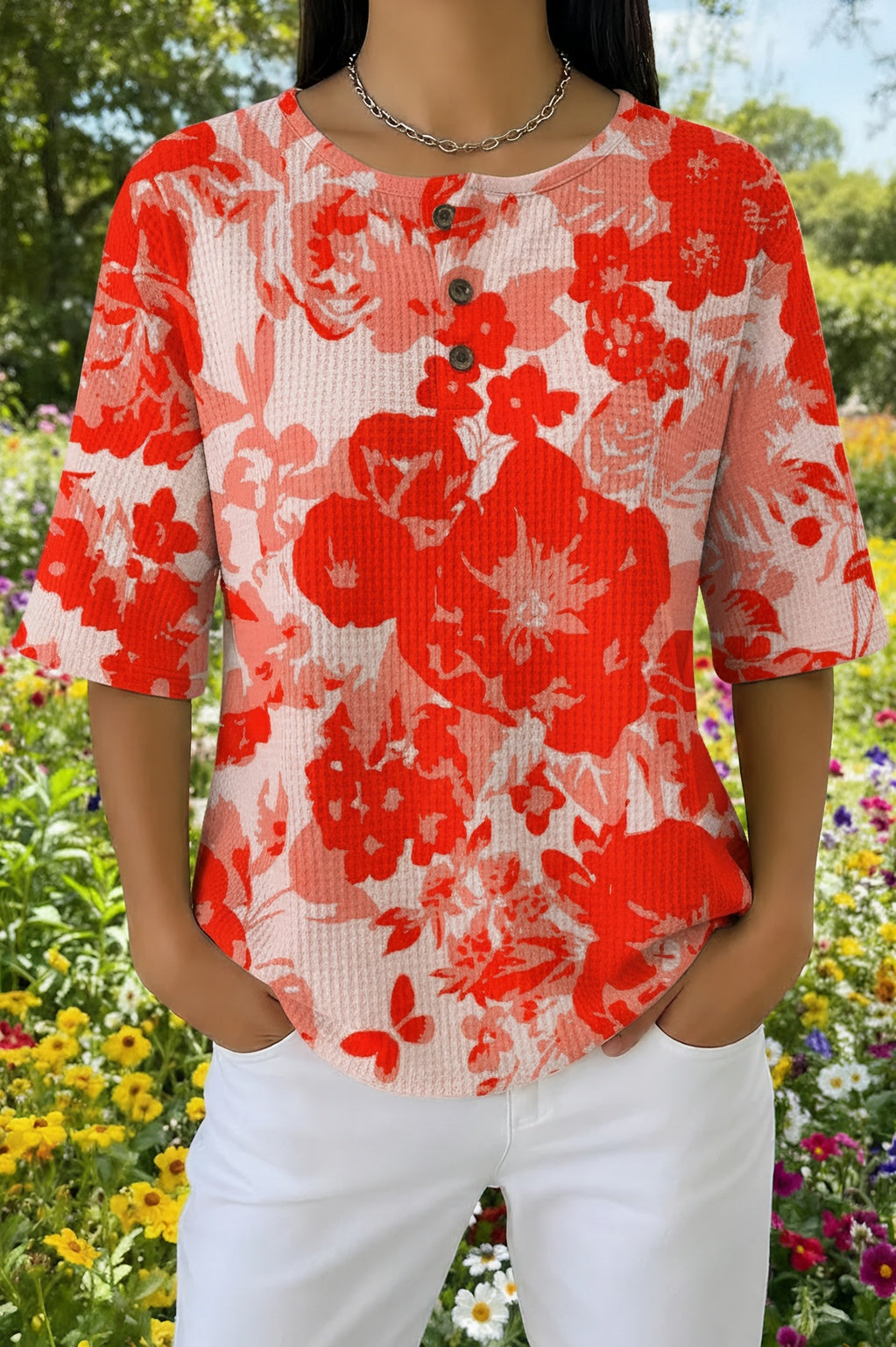 Floral Print Waffle Knit Short Sleeve Henley Top