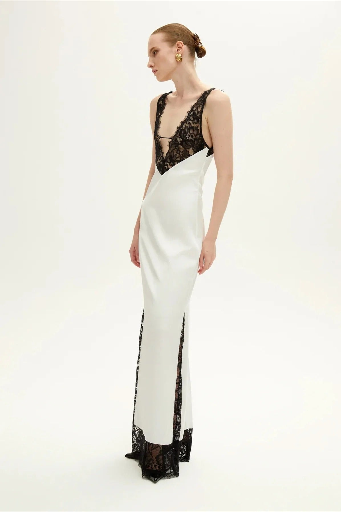 Satin Deep V-Neck Lace Bodice Lace Trim Hem Slip Maxi Gown - View 7