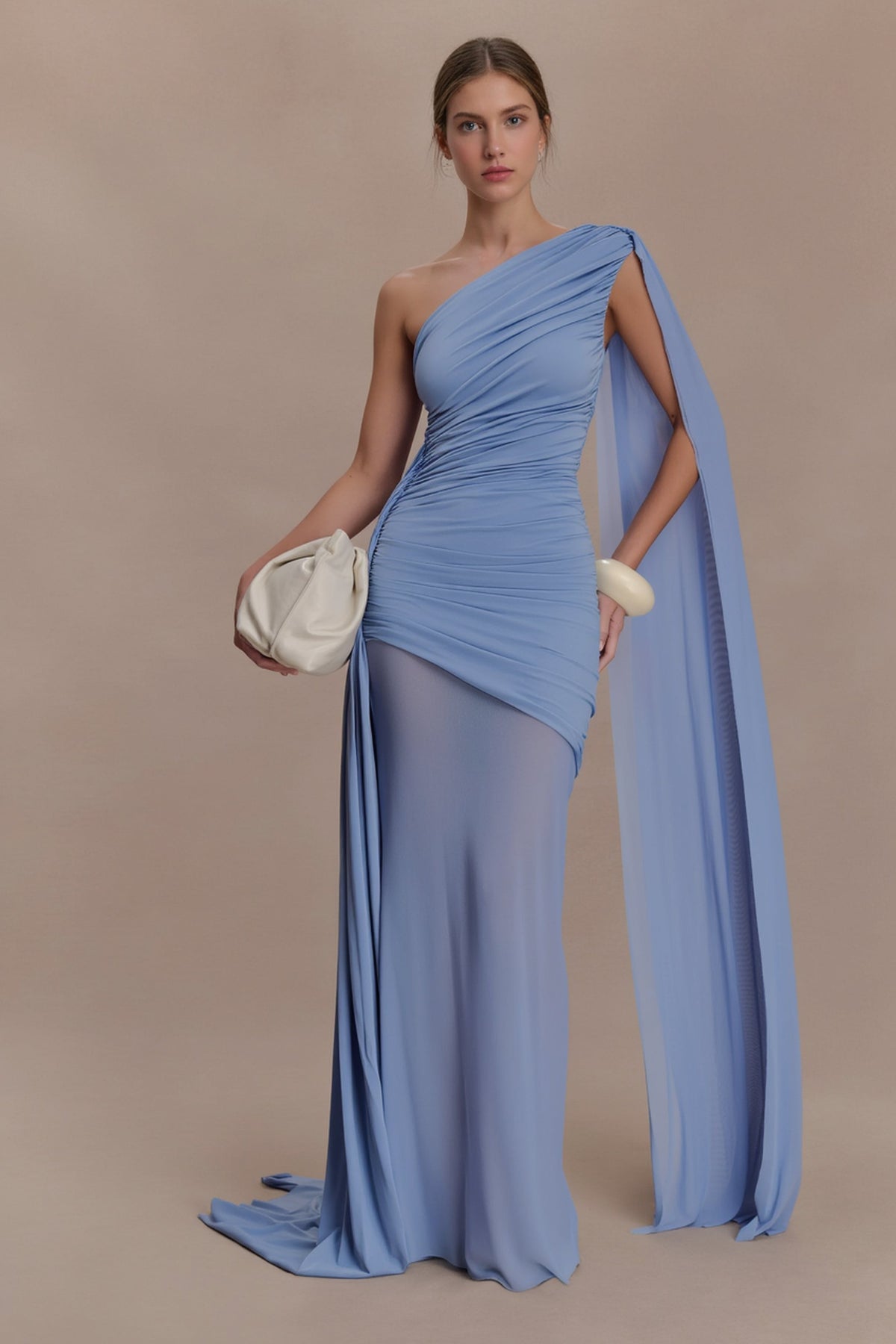 Mesh Paneled One Shoulder Cape Fitted Party Dress