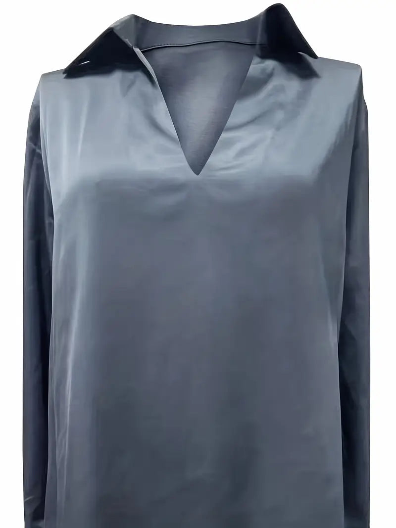 Collared Deep V-Neck Long Sleeve Satin Blouse 38