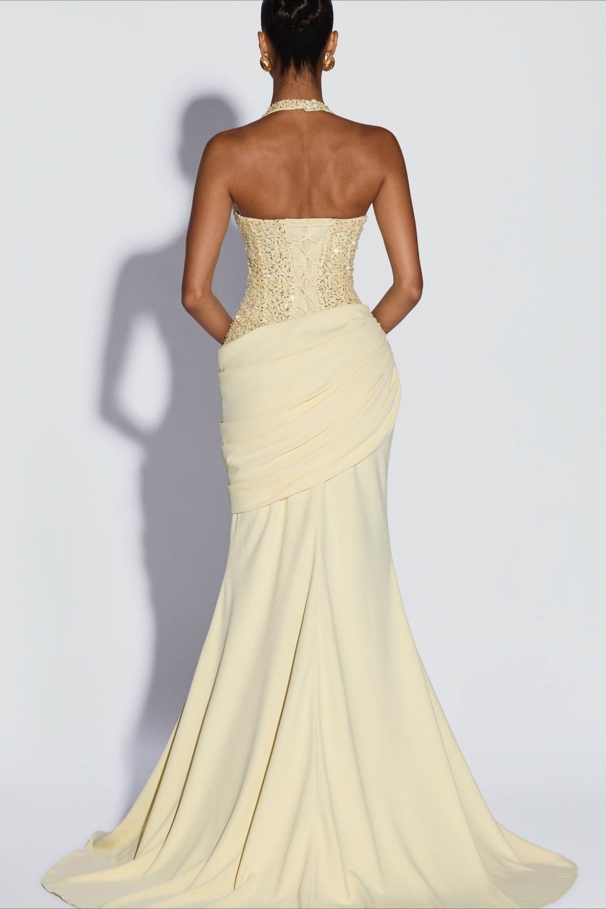 Sequin Halter Deep V-Neck Ruched Mermaid Gown - View 4