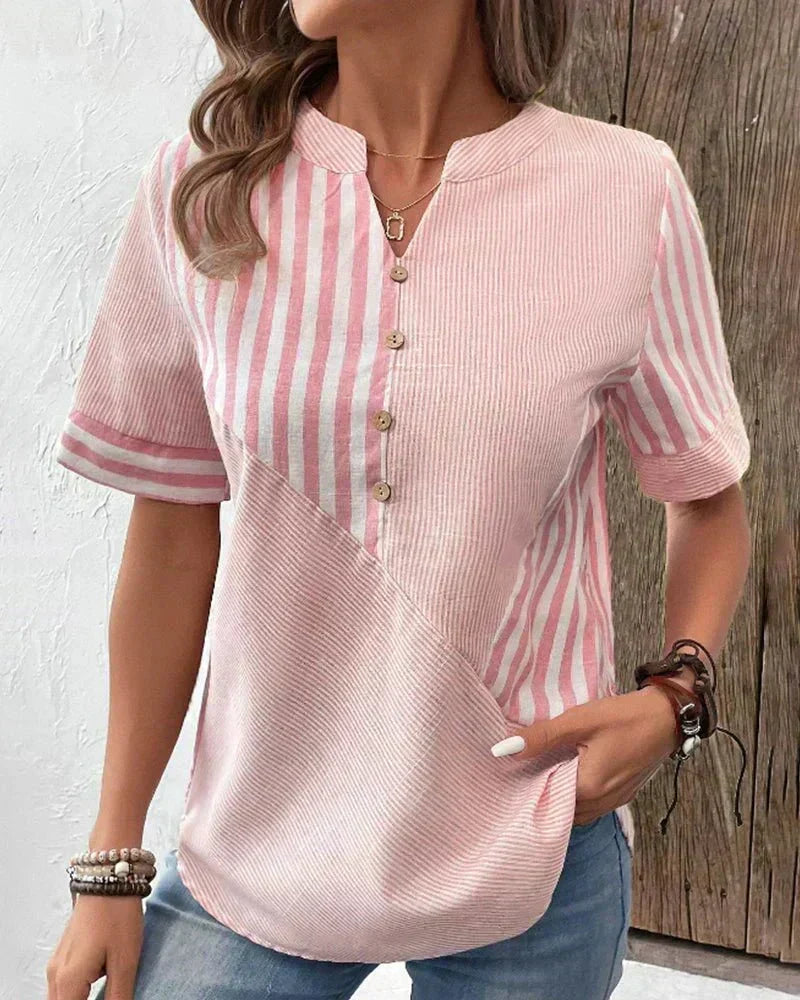 Striped Colorblock Notch Neck Button Short Sleeve Blouse