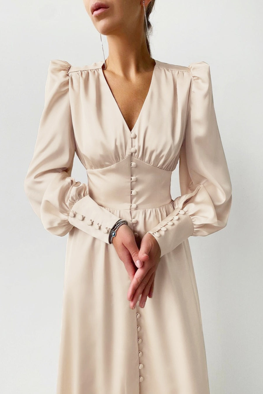 Satin Puff Sleeve Bustier Tailored Midi Dress - View 3