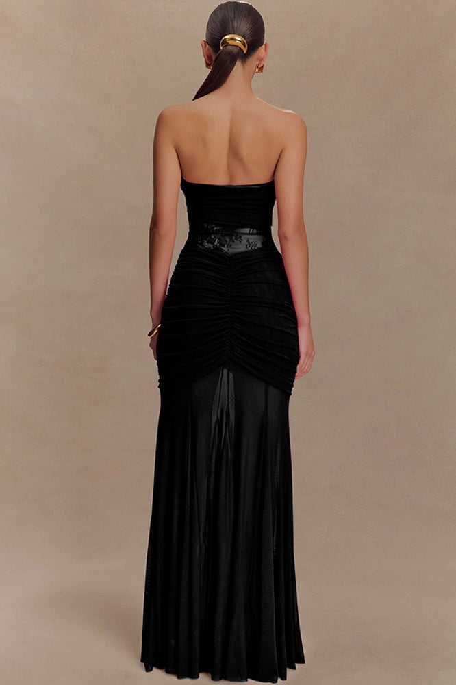 Strapless Twist Front Lace Corset Ruched Mermaid Maxi Dress 9