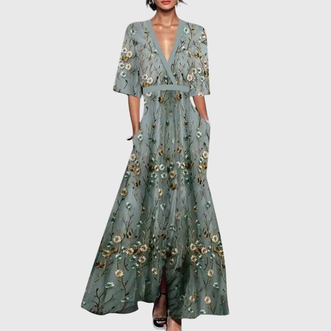 Floral Embroidered Deep V-Neck High Split Maxi Dress