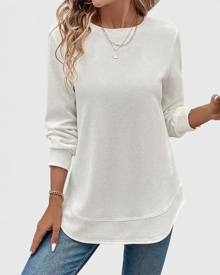Crew Neck Long Sleeve Waffle Knit Curved Hem Top 5