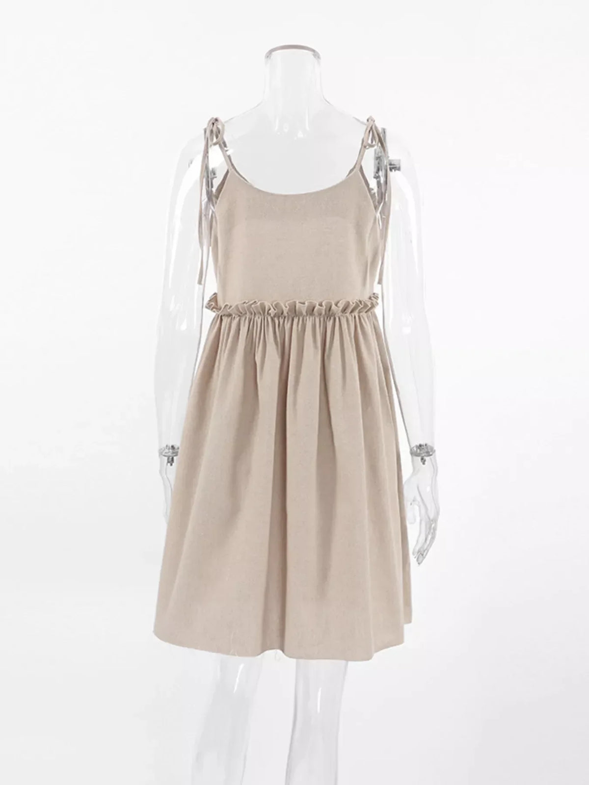 Tie Strap Scoop Neck Ruffle Waist Linen Look Mini Dress 7