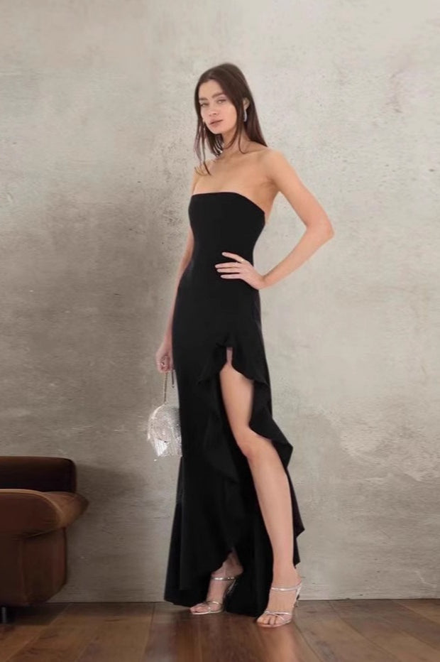 Strapless Ruffle High Slit High Low Maxi Dress - View 11