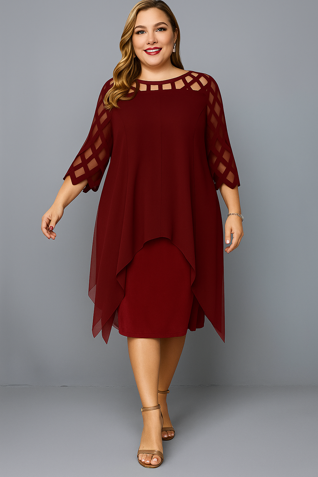 Lattice Cutout Yoke Chiffon Overlay Handkerchief Hem Dress 5