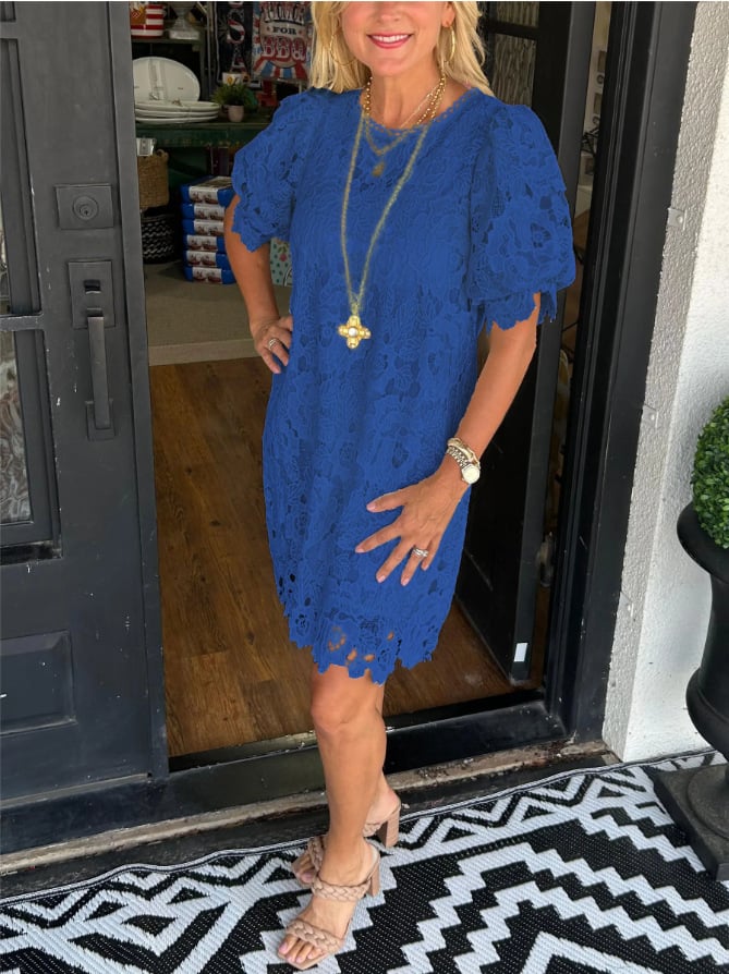 Floral Lace Round Neck Puff Sleeve Tiered Ruffle Shift Mini Dress - View 6