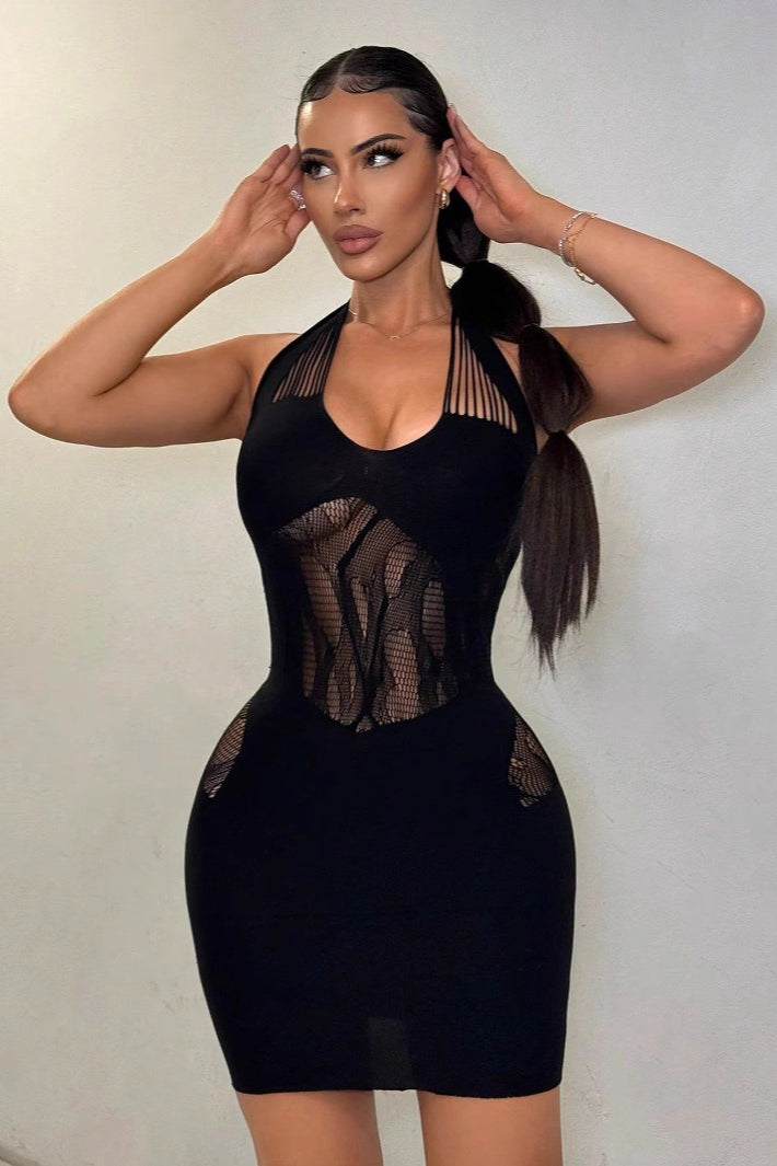 Halter Neck Sheer Mesh Cut Out Bodycon Mini Dress - View 3