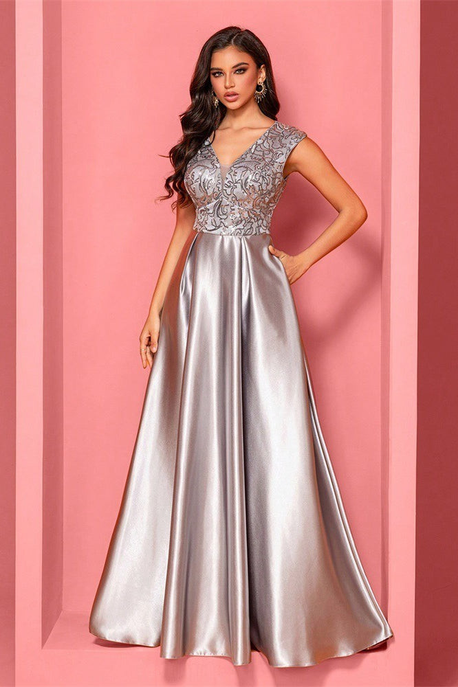 Embellished V-Neck Cap Sleeve Satin A-Line Maxi Dress - View 4
