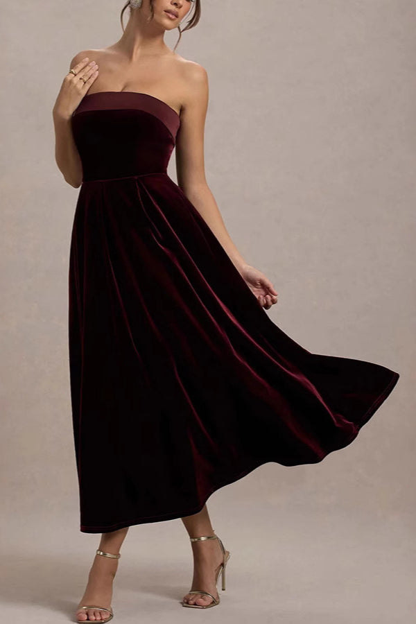 Velvet Strapless Fit and Flare A-Line Midi Dress - View 3