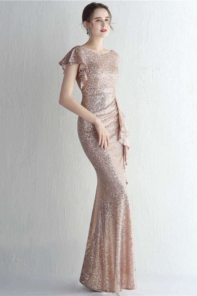 Sequin High Neck Cap Sleeve Ruffle High Split Mermaid Gown - View 3